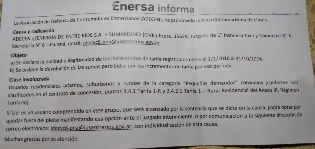 Comunicado ENERSA Sumarísimo